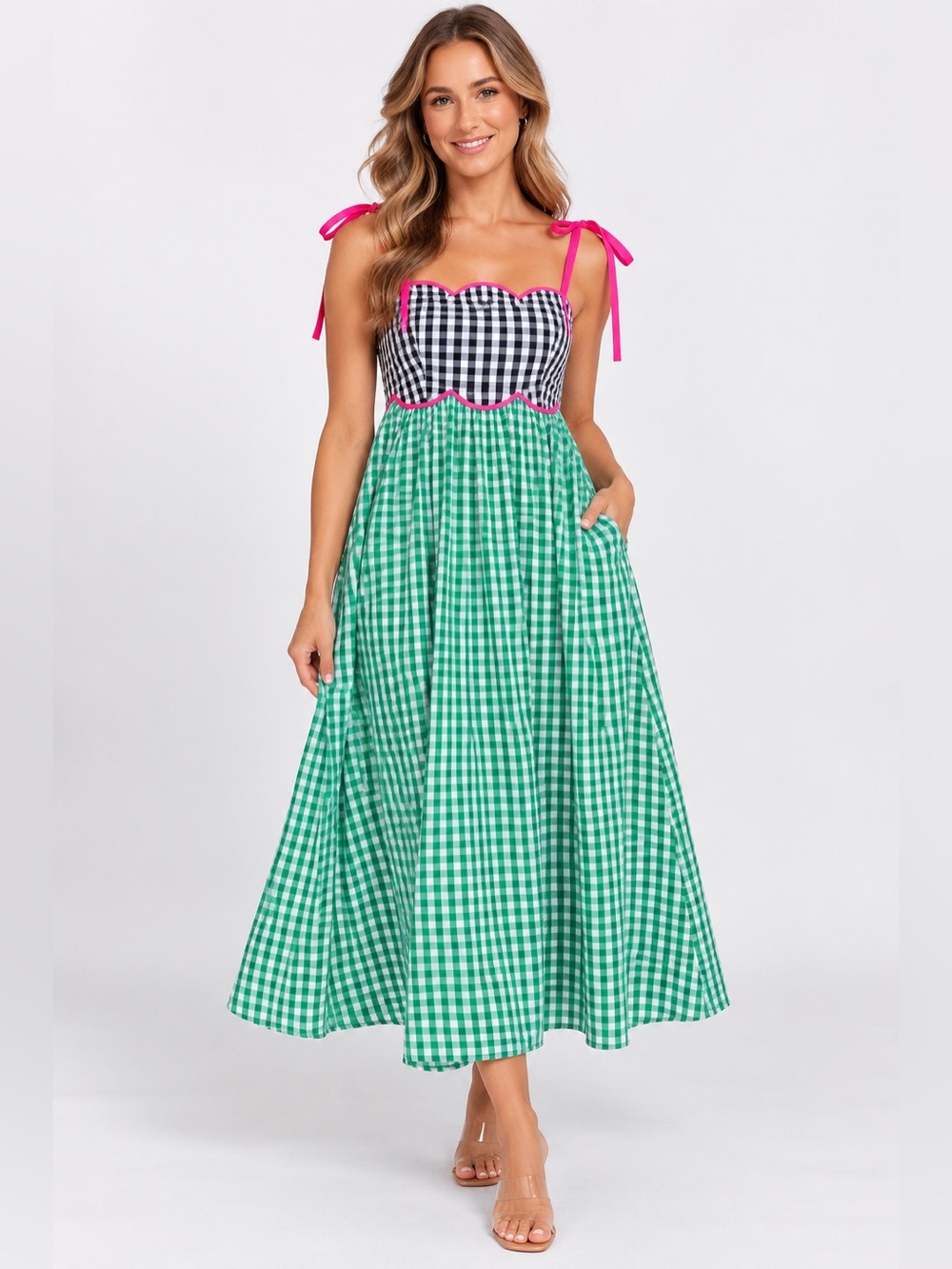 Entro Women’s Green Gingham Midi Dress with Pink Trim NWT Large